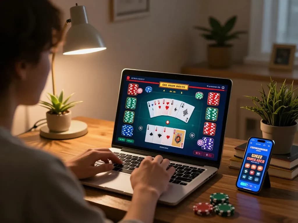 Engaging with online casino game open888 on a laptop in a cozy home setting.