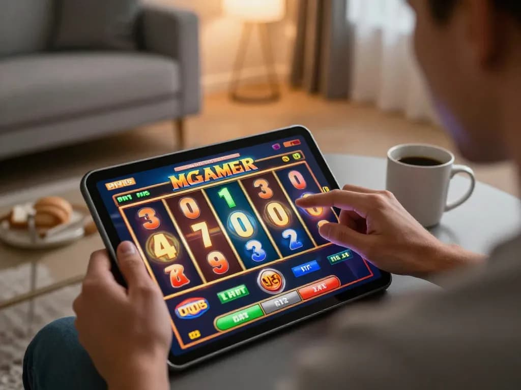 Player experiencing an exciting RR88 online slot game with vibrant graphics and cozy setting