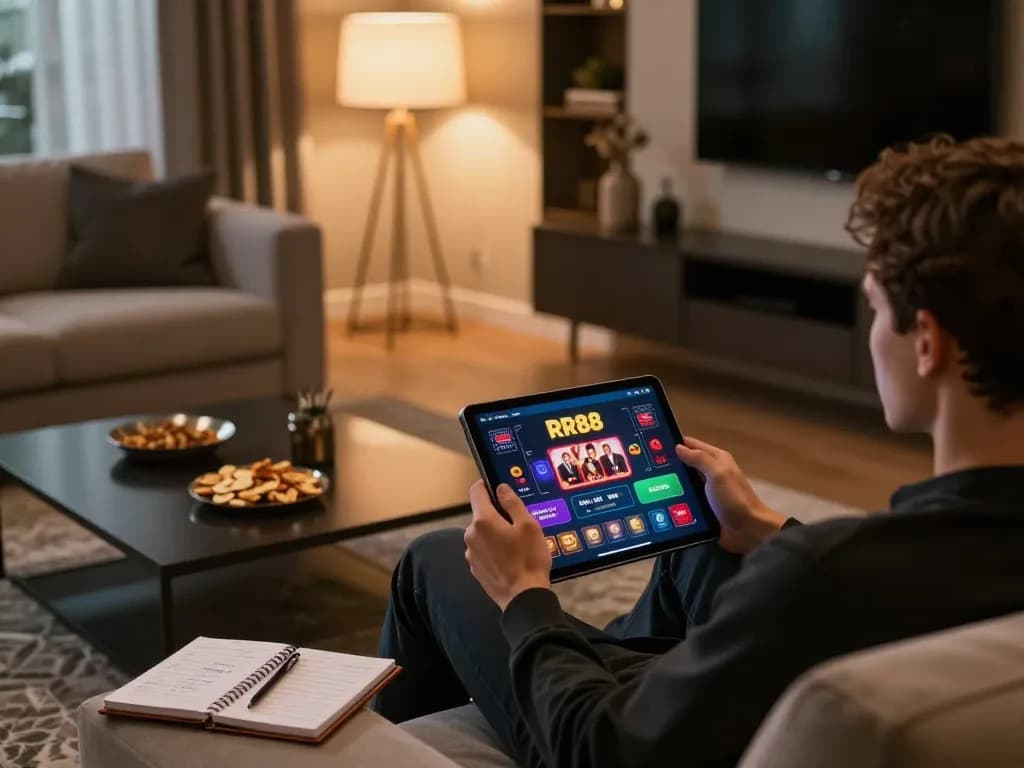 Player engaging with the RR88 app on a tablet in a cozy home setting, showcasing online casino gaming experience.