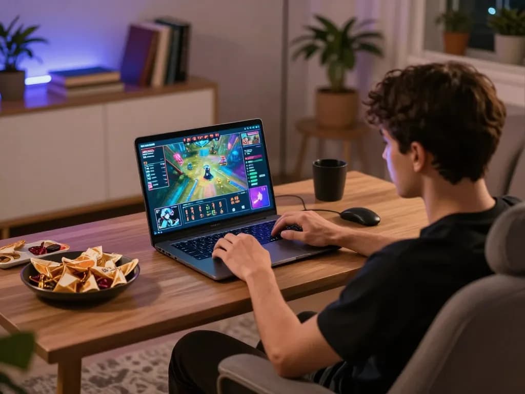 Pemain menikmati pengalaman permainan online ombak77 di rumah dengan grafik permainan yang cerah dan suasana yang nyaman
