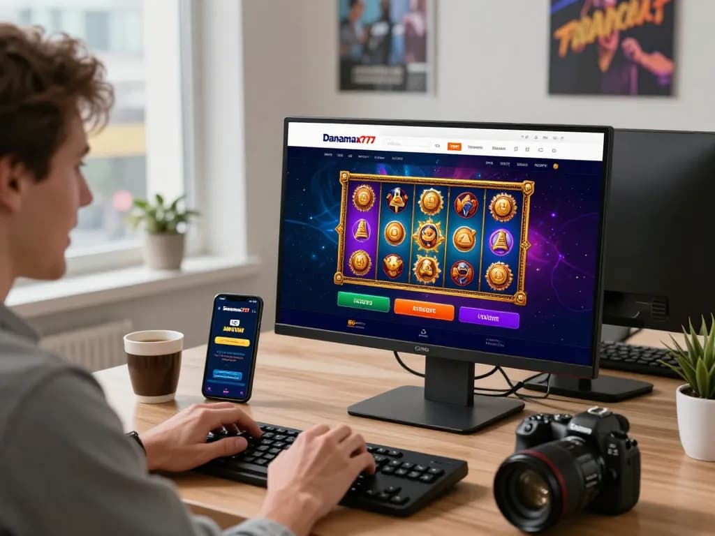 Login ke platform Danamax777 dengan grafis permainan yang menarik dan kegembiraan pengguna di kantor rumah yang nyaman.