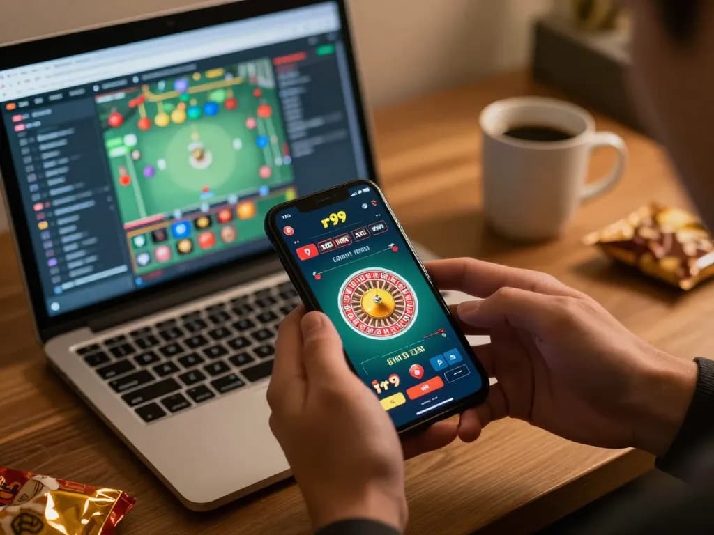 Engaging with rr99 casino app during online gaming session at home with smartphone and laptop