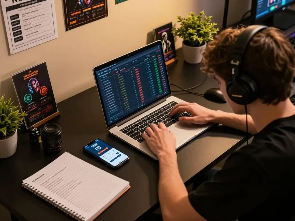 Player using the TR88 app for esports betting, highlighting strategy and analysis in a modern workspace.
