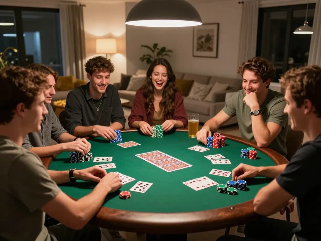 Friends engaged in a poker game, enjoying lively conversation while đăng ký strategic plays at home game night.