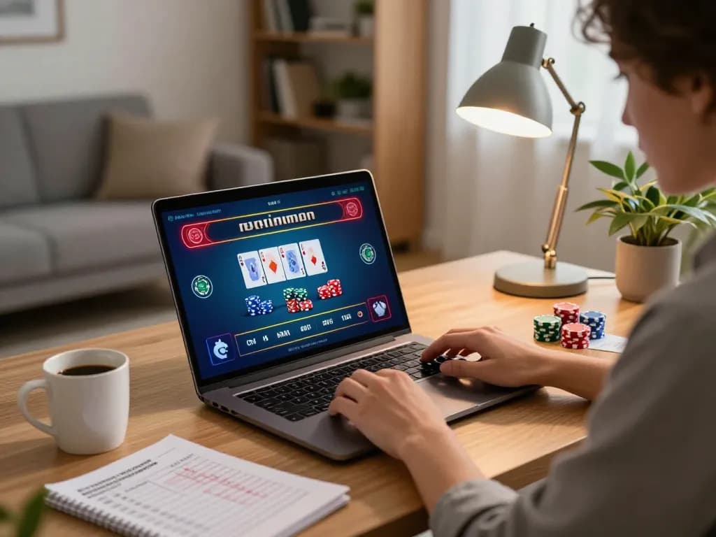 Play blackjack online at Tg88 com with a cozy home office setup and strategic notes.