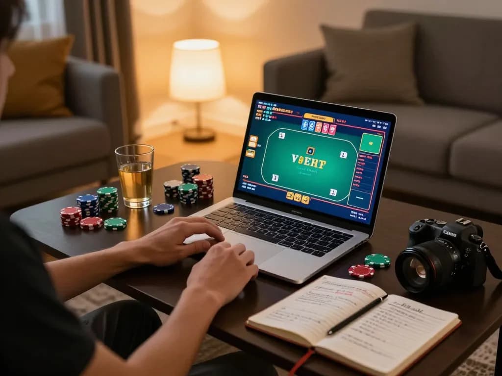 Player engaged in exciting online poker on XX88, showcasing strategic gameplay and cozy home setup.