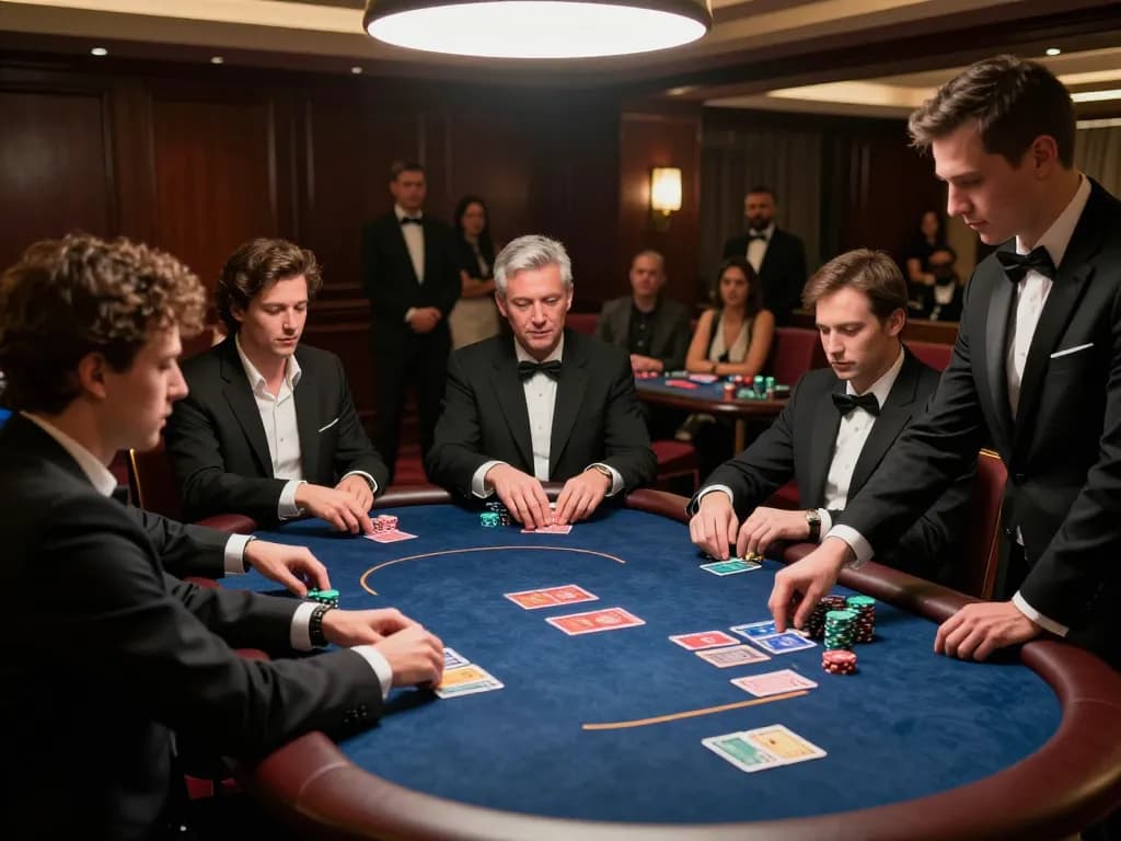 Players engaged in a high-stakes poker match at five88 com, showcasing intense strategy and luxury.