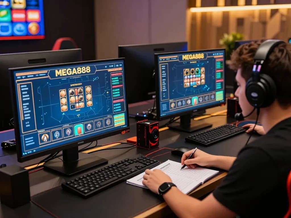 Mega888 Company gaming enthusiast analyzing odds during an online casino session at a home office.