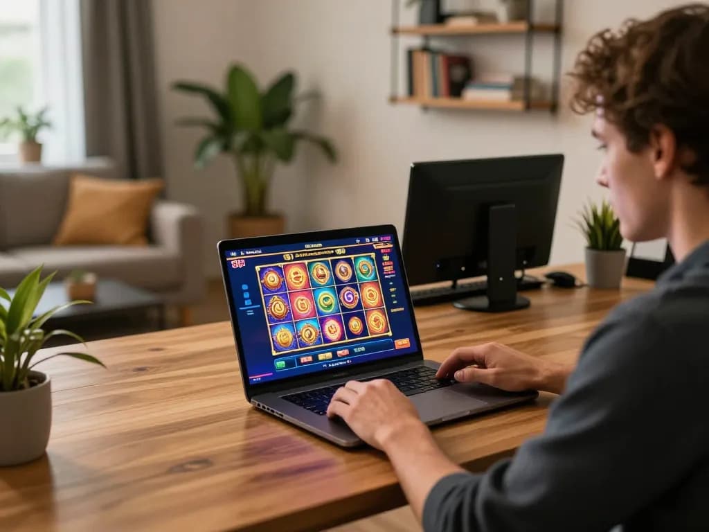 Engaging in link slot game strategy at an online casino setup with vibrant visuals and modern decor.