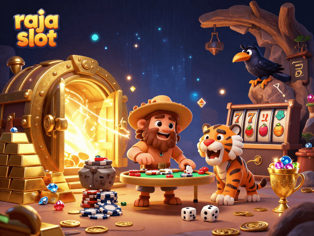 Engage with raja slot's vibrant casino scene featuring a caveman and tiger duo amidst treasure and excitement.