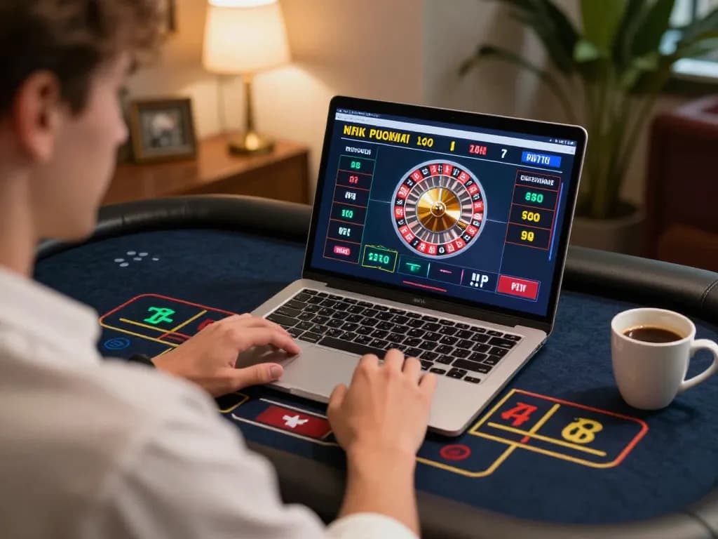 Engaged player at au88 online casino enjoying live roulette game on laptop.