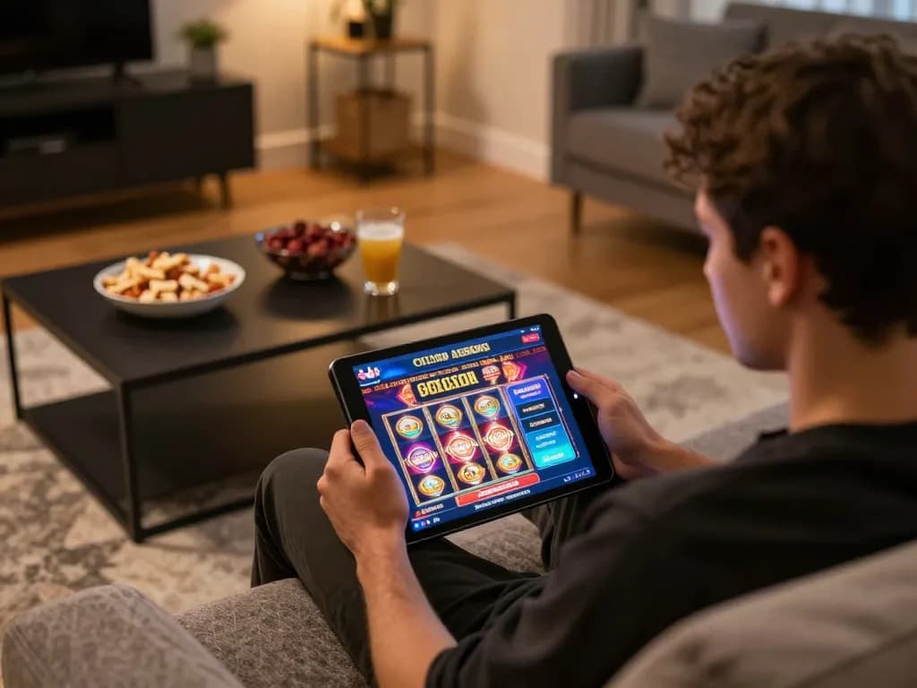 Engaged player exploring Canada online casinos on a tablet in a cozy home environment