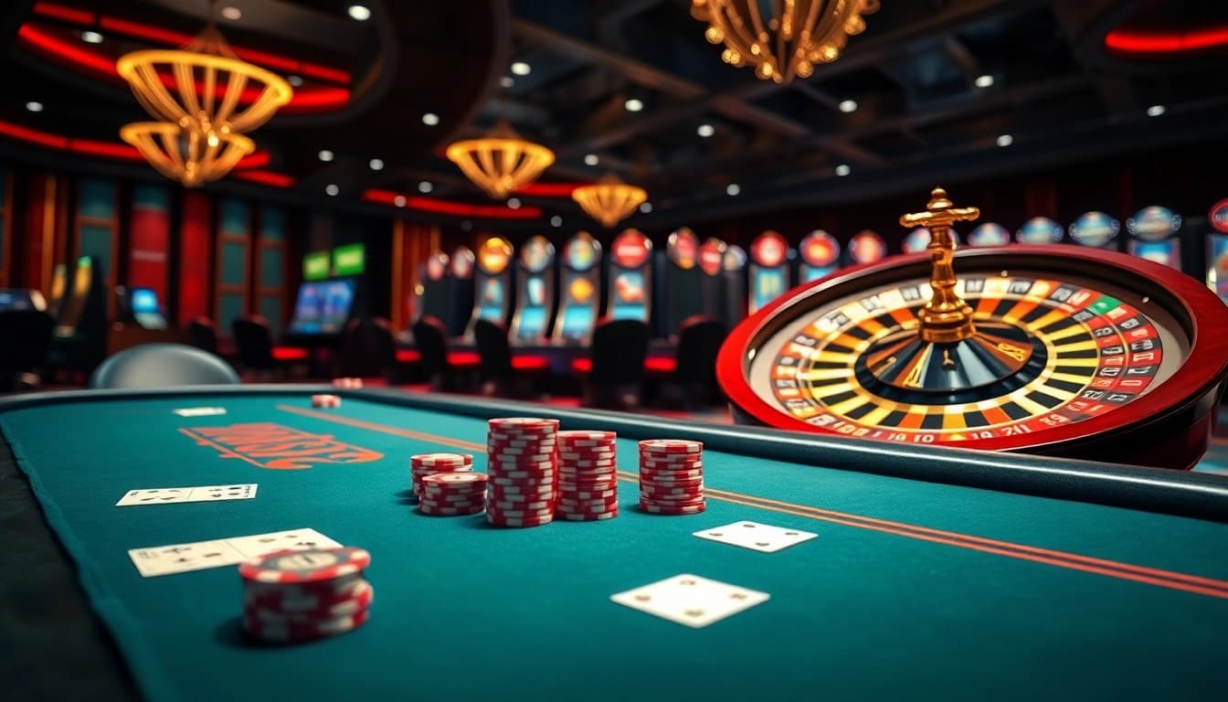 Engaging F8bet online gambling experience with poker chips and roulette wheel.