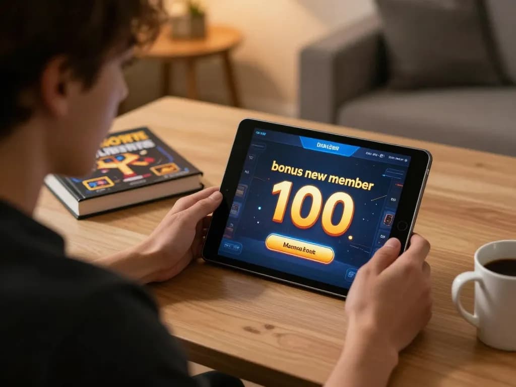 Engaged player checking bonus new member 100 promotion during online slot session at home.