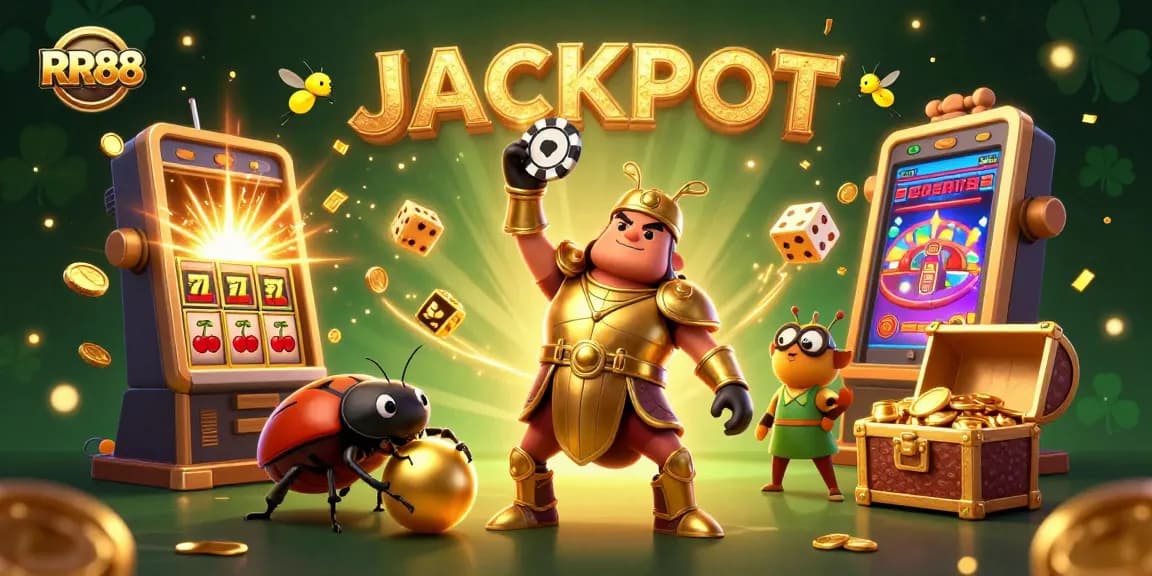 Experience RR88's thrilling jackpot scene with cartoon beetles and explosive gaming elements.