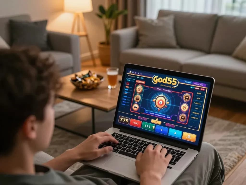 Engaging in online gaming at god55 casino from the comfort of home, showcasing vibrant game graphics and a cozy atmosphere.
