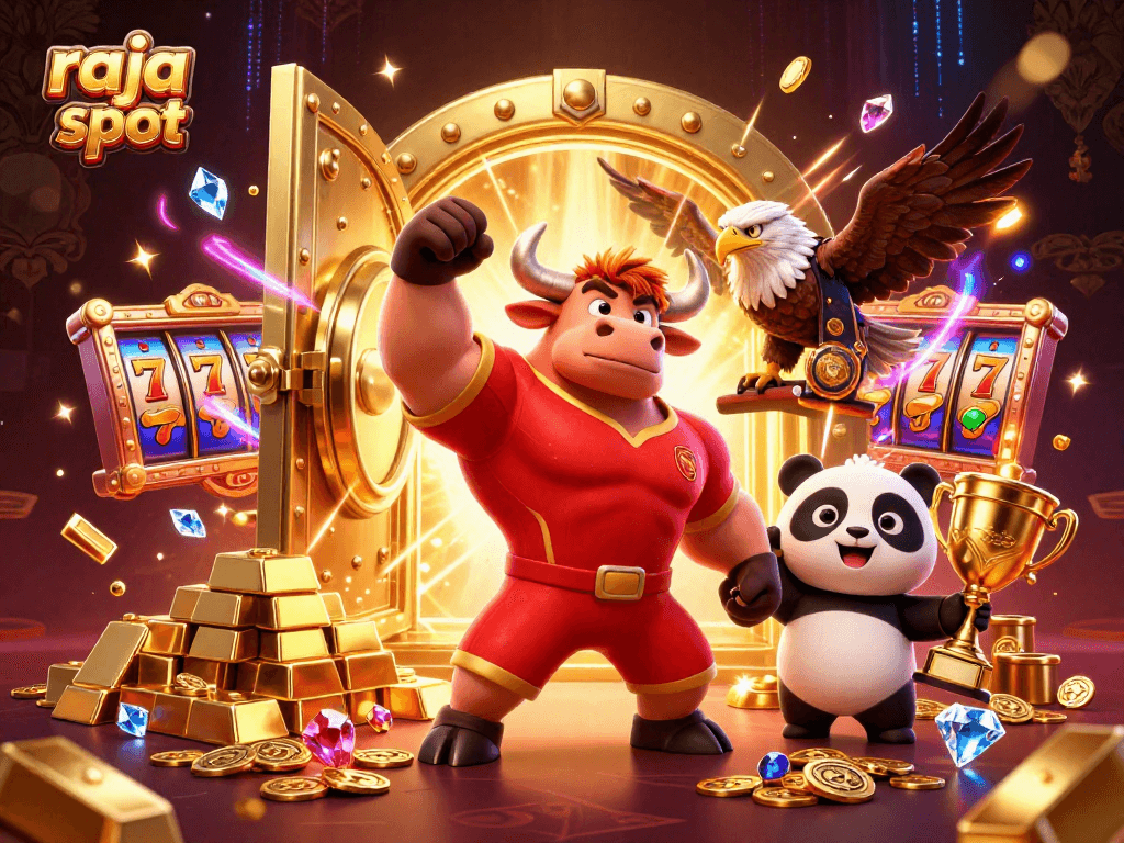 Spin the raja slot reels with lively characters celebrating huge wins in a dynamic casino scene.