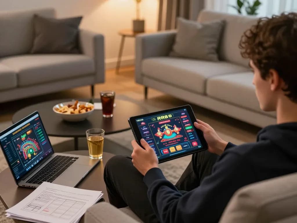 Engaged player using RR88 app on tablet at home, surrounded by snacks and strategy notes for online casino.