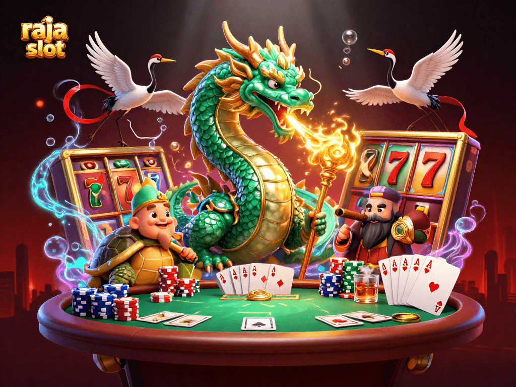 Experience the thrill of raja slot with a majestic jade dragon amidst slot machines and poker elements.