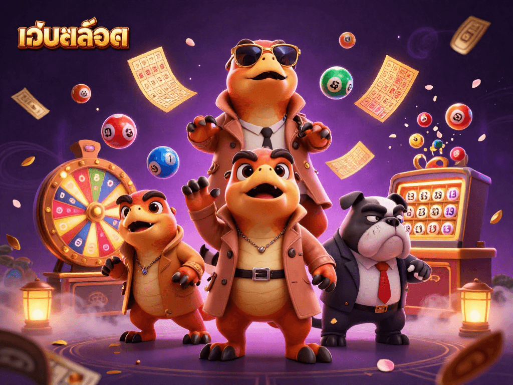 Win big with เว็บสล็อต as cartoon raptors try to sneak into a VIP lounge, complete with lottery action!