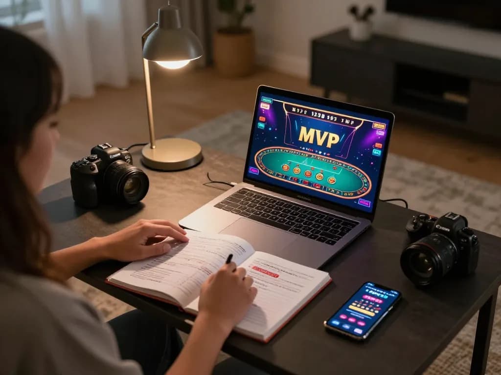 Person enjoying online gaming at home using 123bmvp, focusing on live dealer action and strategic notes