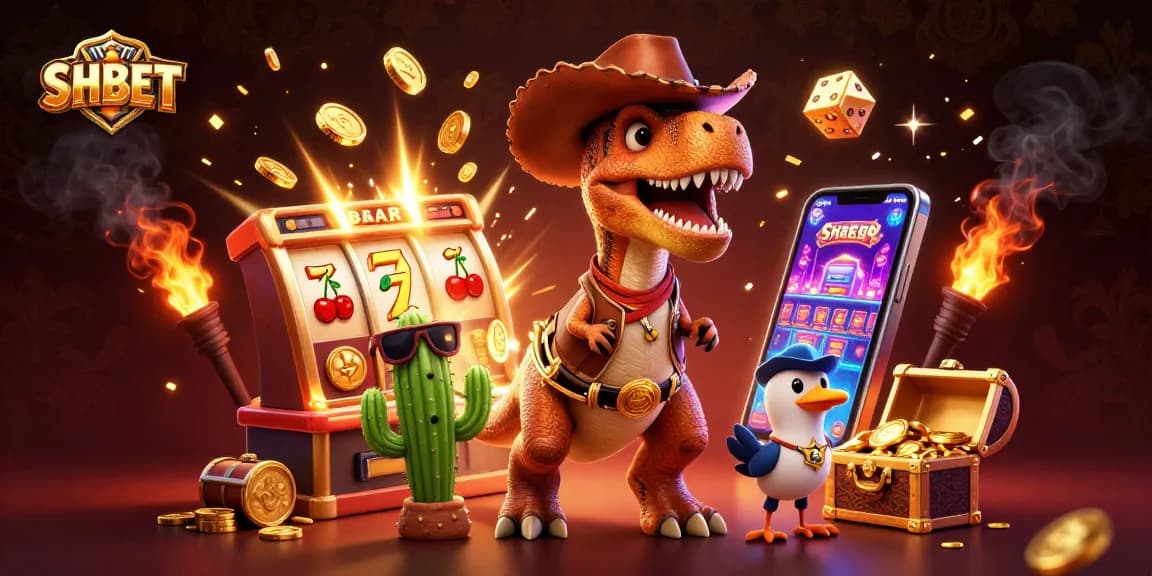 Experience thrilling gameplay at SHBET with a dynamic 3D illustration of a cowboy dinosaur and casino excitement.