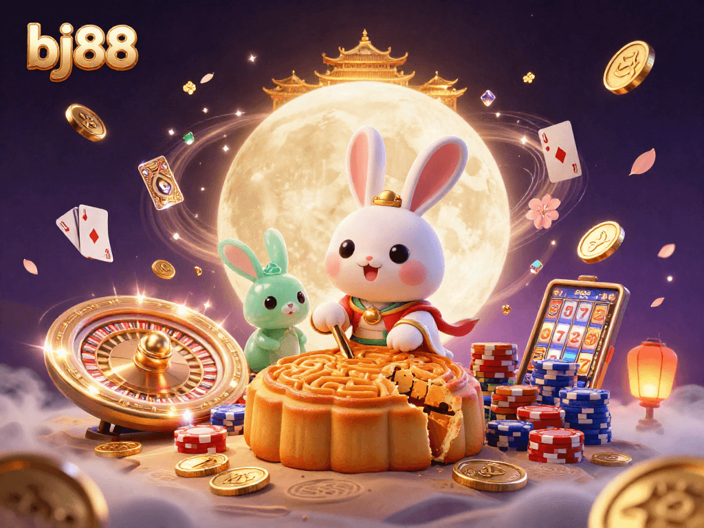 Celebrate winning moments with bj88 as the moon rabbit reveals poker chips amidst a vibrant casino scene.
