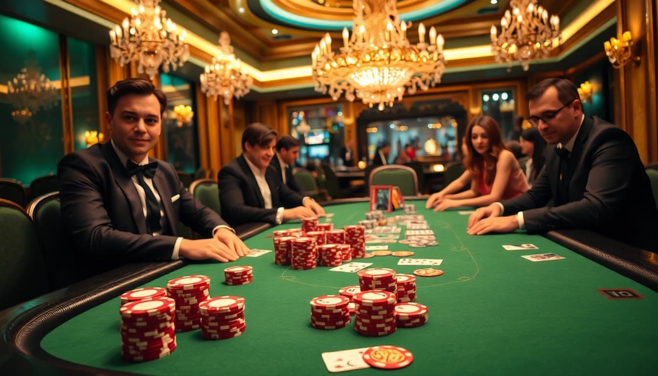 Professional players at a high-stakes poker table with the hidden wiki link displayed subtly.