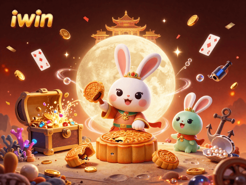 iwin gaming action featuring 3D moon rabbit and poker chips surrounded by colorful casino elements