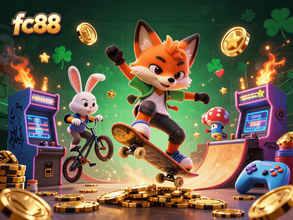 fc88 và chú cáo trượt ván đang biểu diễn trên chip poker vàng trong không gian casino đầy màu sắc