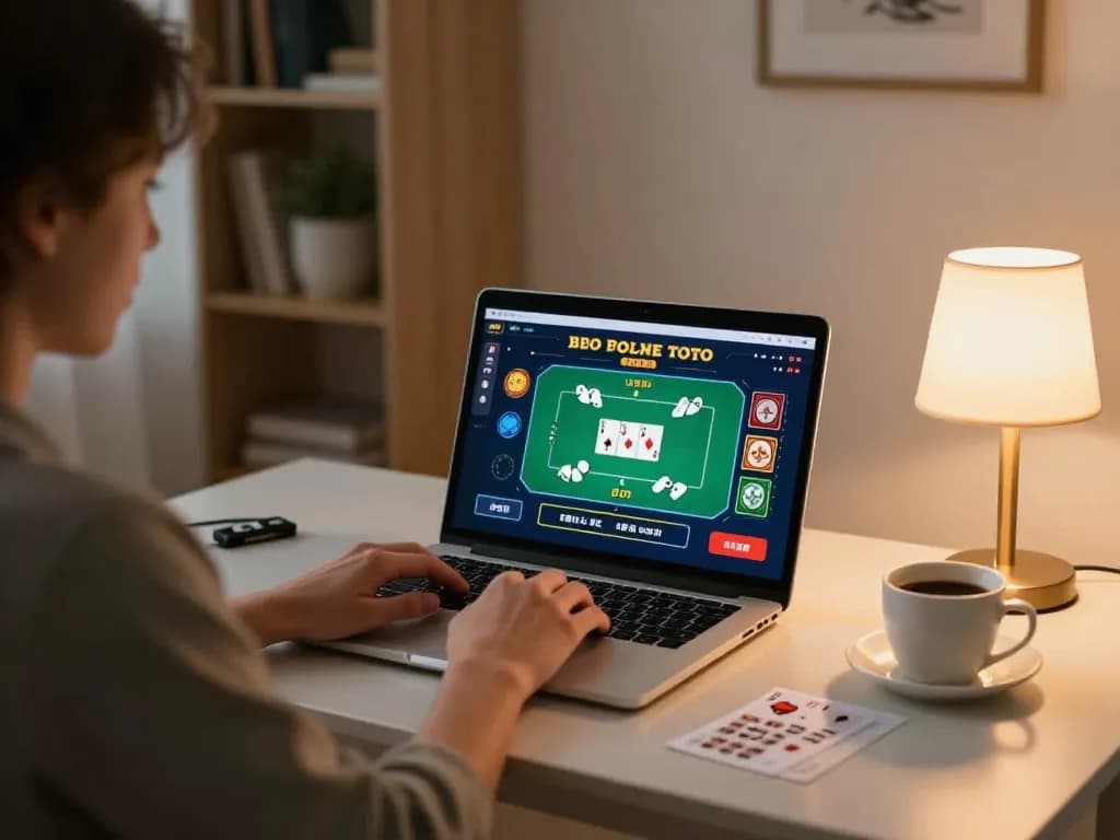 Register for online casino access, enjoying a poker game on a laptop at home.