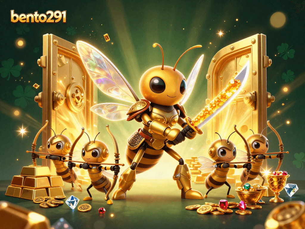 bento291 showcases a vibrant scene of a golden hornet samurai among dazzling treasures, engaging gamblers.