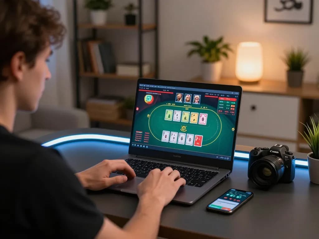 KONG88 player engaged in online poker tournament at home with laptop and smartphone.
