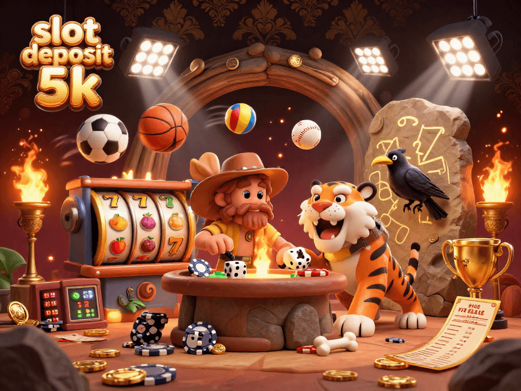 Spin the slot deposit 5k through an engaging casino scene with prehistoric characters and rich gaming elements.