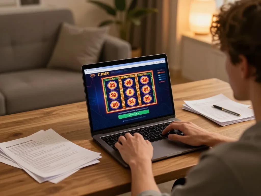 Engaging with cm88 casino on a laptop for strategic online gaming, showcasing a modern home environment