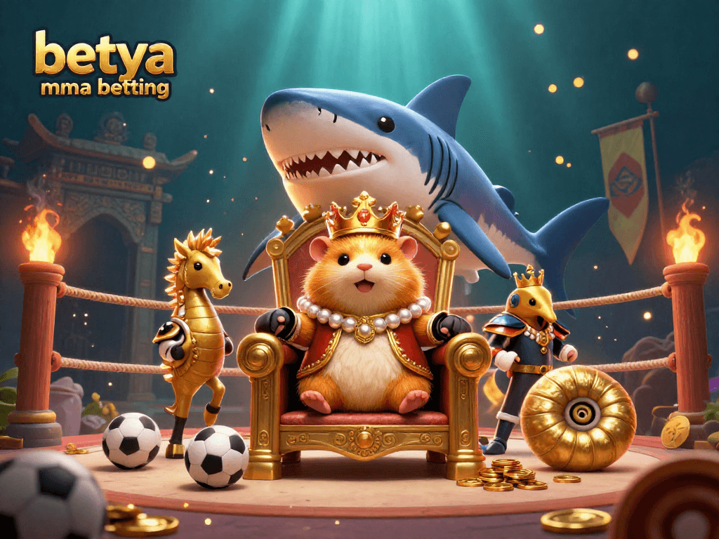 Engage in betya MMA betting with a fierce golden hamster king in a vibrant sports betting arena.