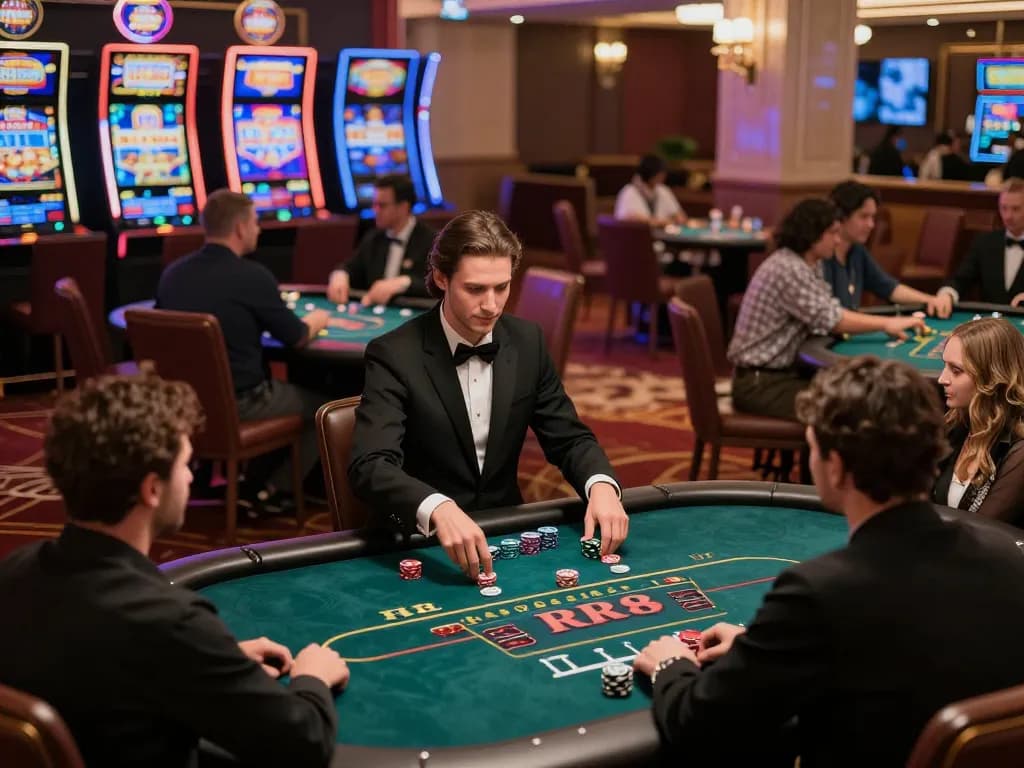Experience the excitement of high-stakes poker on RR88's casino floor with vibrant gaming activity.