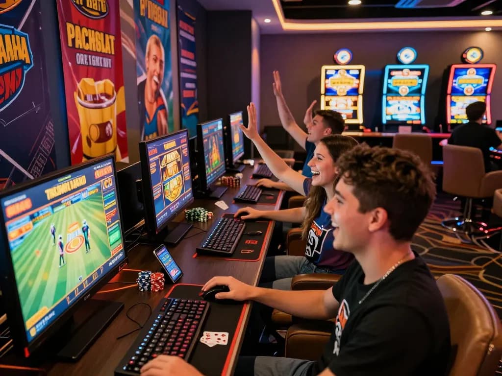 Dynamic gaming scene showcasing Nhà Cái Kuwin with players enjoying diverse online games in a vibrant lounge