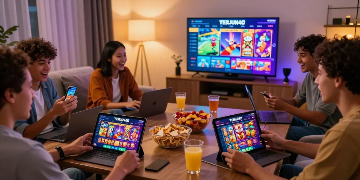 Pengguna terjun4D bermain berbagai permainan di perangkat modern dengan ekspresi bahagia.