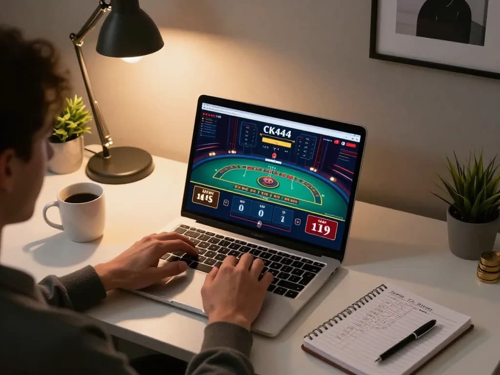 CK444 user engaging with live dealer game on their laptop, displaying strategic betting environment.
