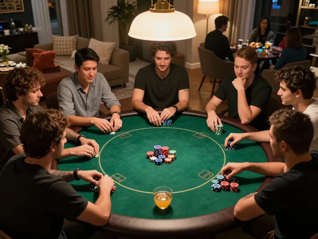 Players engaging in a strategic poker game at home, showcasing nk88mvp spirit of friendly competition and excitement.
