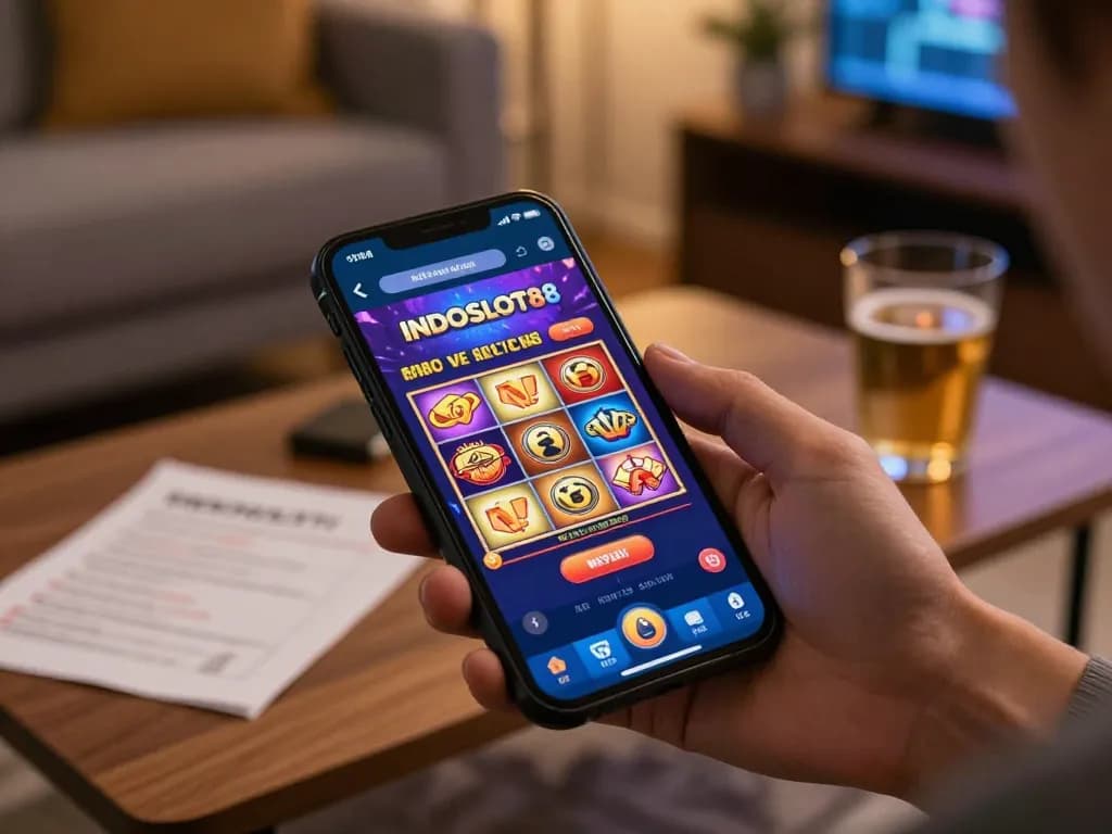 Playing slots on smartphone with promo terbaru INDOSLOT88 2026 during cozy home gaming night
