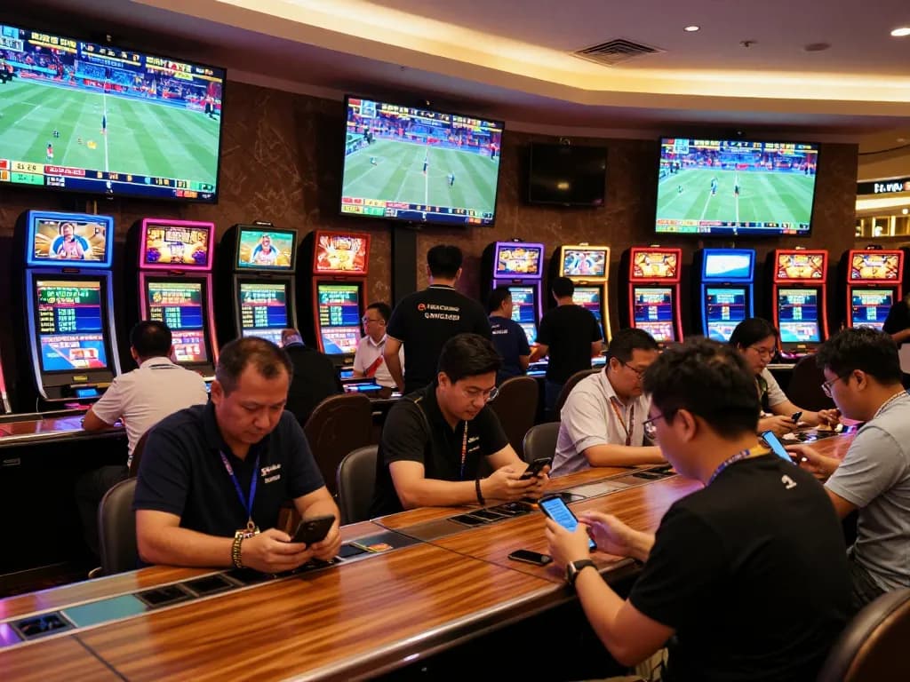 Betting excitement at lu88 with enthusiastic sports bettors discussing odds.
