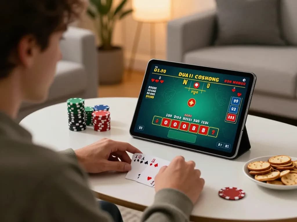 Engaged player enjoying blackjack on a tablet, exploring online usa casinos in a cozy setting