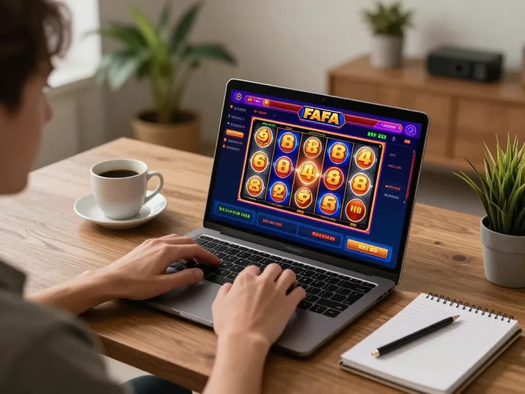 Person immersed in FAFA 828 online casino gameplay at a stylish home desk, showcasing engaging experience.