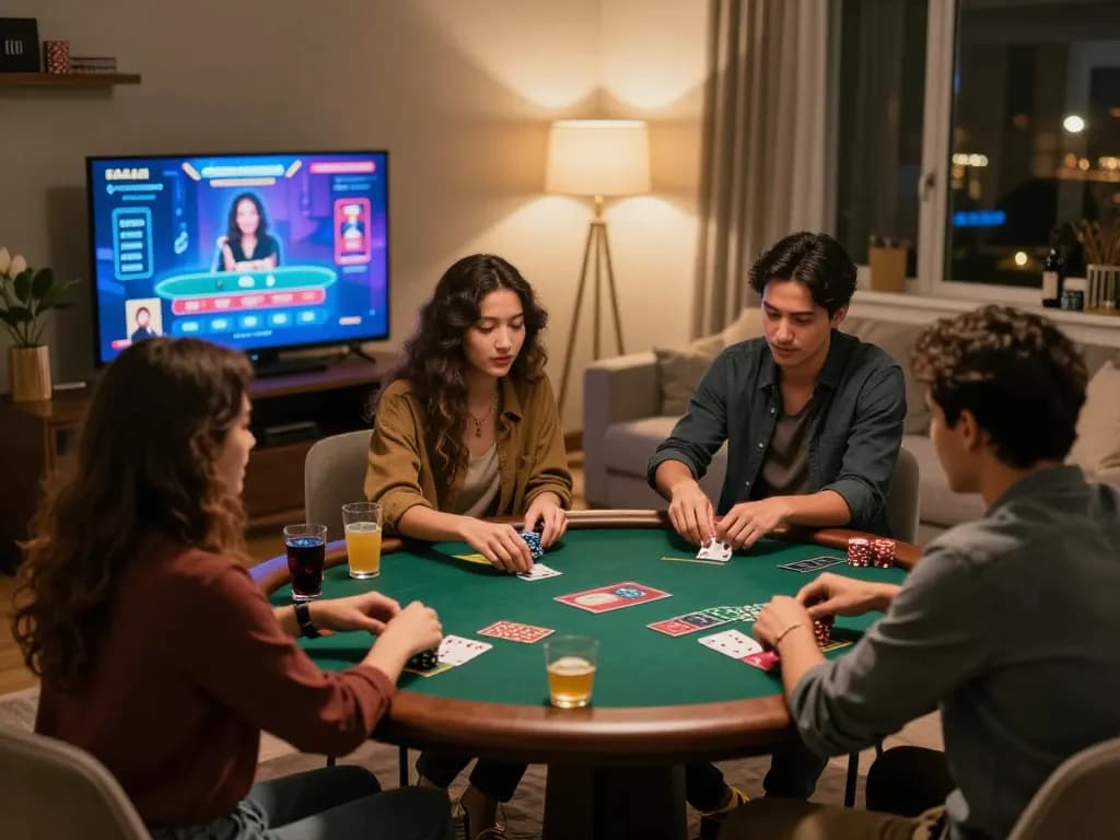 IWIN CLUB players enjoying an online poker game together, focusing on the strategic gameplay and social atmosphere of a cozy home setting.
