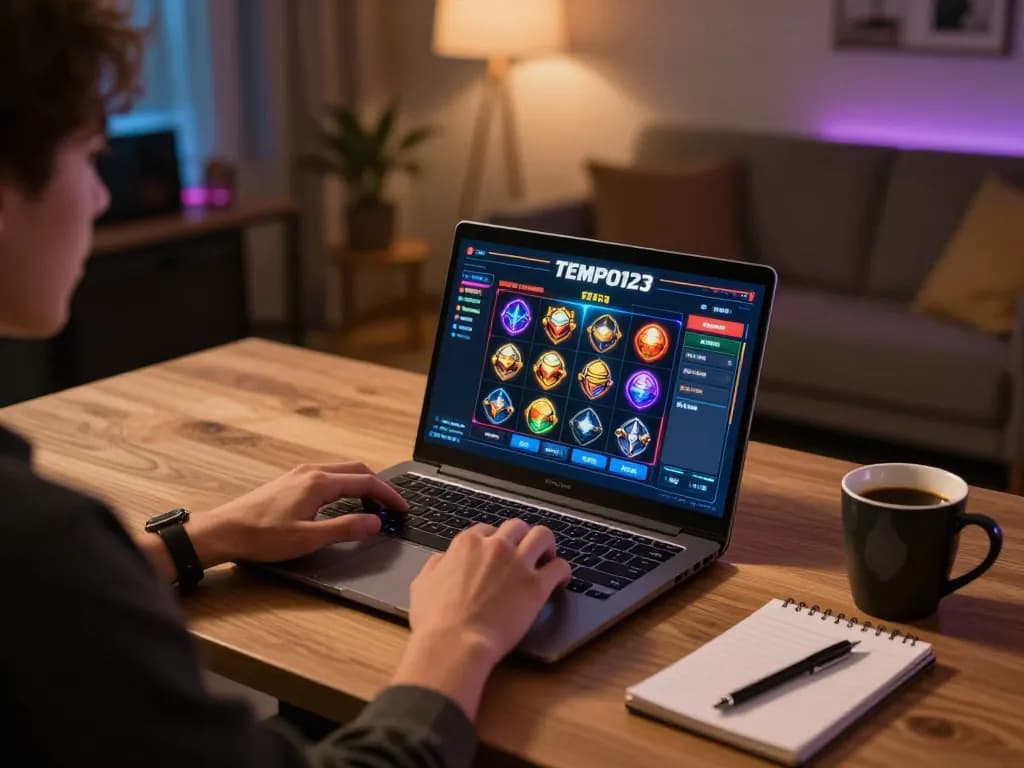 Engaging with Tempo123 Slot during a cozy home gaming session, showcasing strategic gameplay.