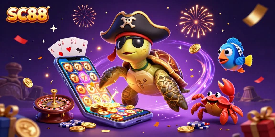 SC88 shows a vibrant 3D illustration of a lucky pirate turtle amidst casino elements.