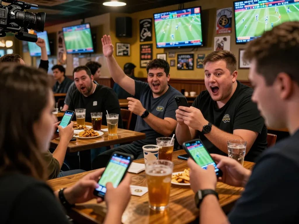 Enthusiastic sports bettors engaged with ulat123 app while enjoying the lively atmosphere of a sports bar.