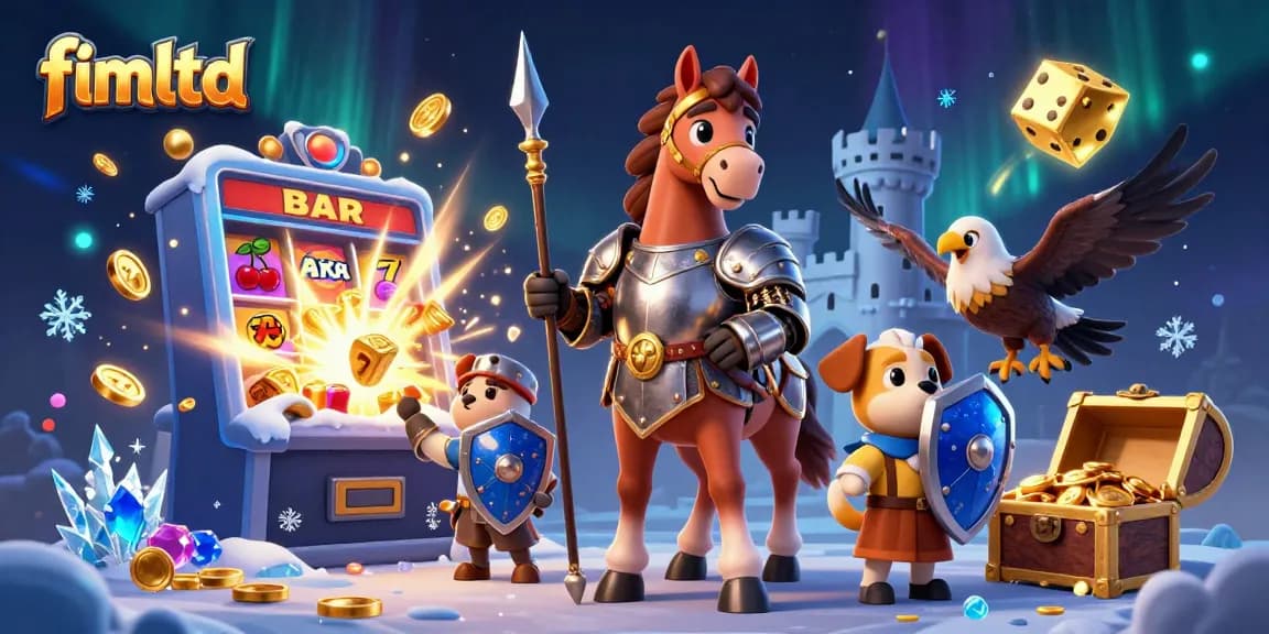 Play slots at fimltd's exciting casino illustration featuring a knight and puppy amid treasure.